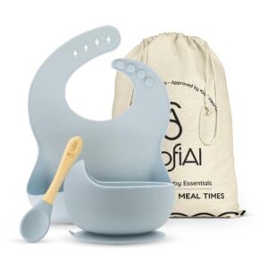 all in one silicone baby feeding set by sofial - safe for 6-12 months - non-toxic baby led weaning supplies, suction plate or bowl, bib, spoon & gift bag - bpa-free - mess free baby feeding essentials