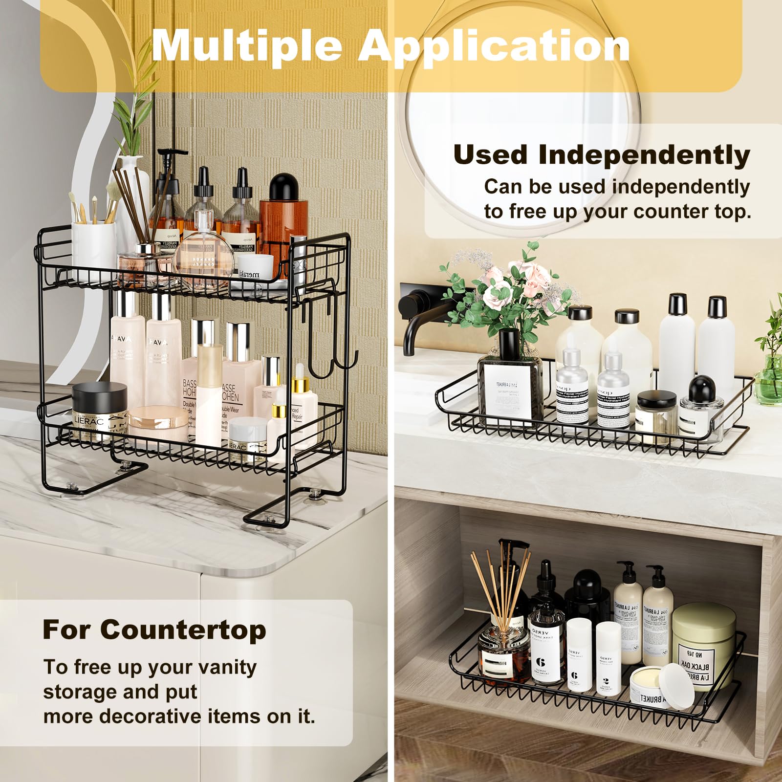 Johamoo Over The Toilet Storage, 2-Tier Bathroom Organizer Shelves, Multifunctional Bathroom Storage Rack with 4 Suction Cup, No Drilling Space Saver with Hooks, Upgrade Non-Adhesive, Black