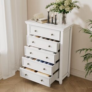 BOSHIRO White Dresser, 5 Chest of Drawer Dresser for Bedroom, Modern Tall Nightstand with Deep Drawers, Wood Organizer Drawer Cabinet for Bedroom, Living Room,Hallway