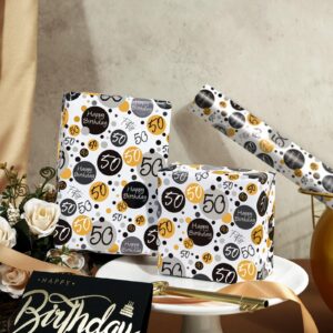 WRAPAHOLIC Birthday Wrapping Paper Sheet - 6 Sheets Black 50th Birthday Design Folded Flat for Birthday, Party, Baby Showers - 19.7 Inch X 27.5 Inch Per Sheet