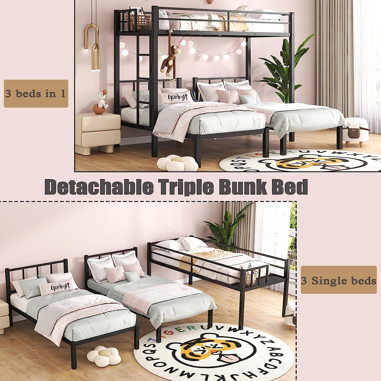 MERITLINE Triple Bunk Beds for 3, Metal Bunk Bed Twin Over Twin & Twin Size, Three Bed Bunk Beds for Kids, Teens,Can be Separated into 3 Twin Beds, Black