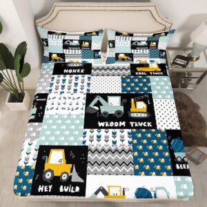 Cartoon Car Sheets with Deep Pocket Fitted Sheet Full Size for Boys Girls, Construction Car Bed Sheets Set Geometric Buffalo Construction Vehicles Sheet Set Excavator Construction Bedding Set