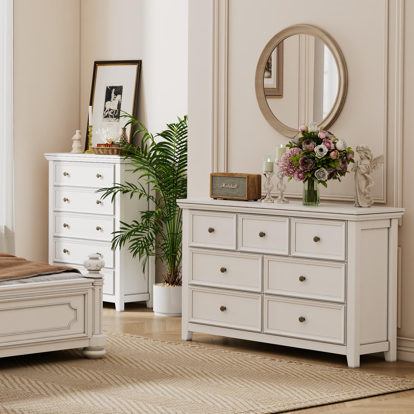 BOSHIRO White Dresser, 5 Chest of Drawer Dresser for Bedroom, Modern Tall Nightstand with Deep Drawers, Wood Organizer Drawer Cabinet for Bedroom, Living Room,Hallway