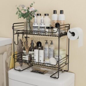 johamoo over the toilet storage, 2-tier bathroom organizer shelves, multifunctional bathroom storage rack with 4 suction cup, no drilling space saver with hooks, upgrade non-adhesive, black