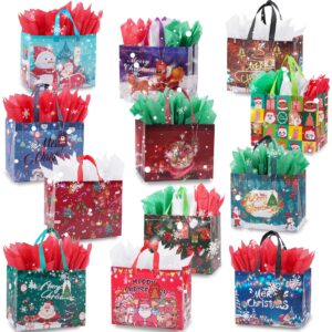 jaywayang 12 pcs large christmas gift bags with tissue papers and tags, reusable christmas tote bags with handles, non-woven christmas bag bulk for xmas presents wrapping holiday party supplies.