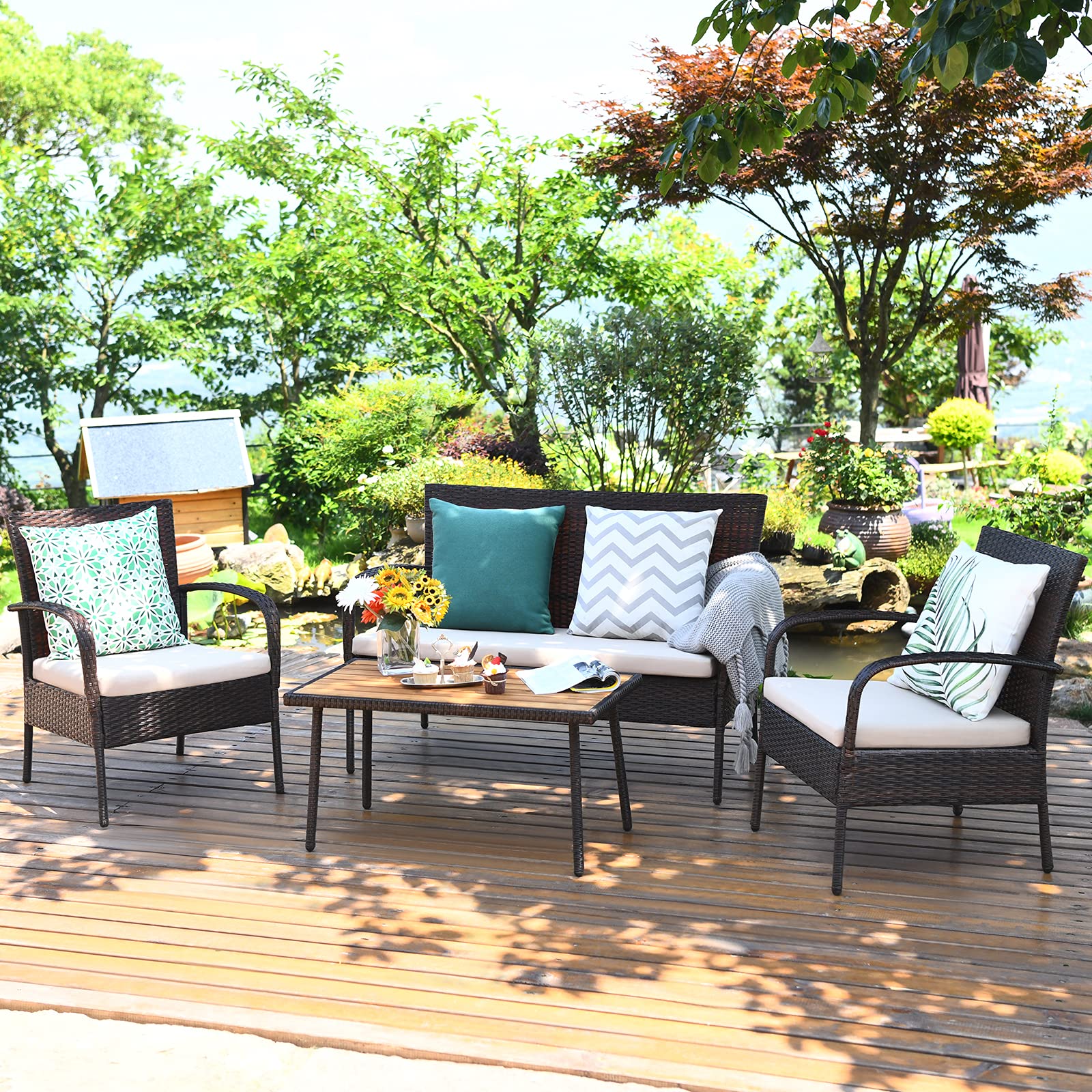 COSTWAY 4PCS Patio Rattan Furniture Set Outdoor Conversation Set Coffee Table w/Cushions