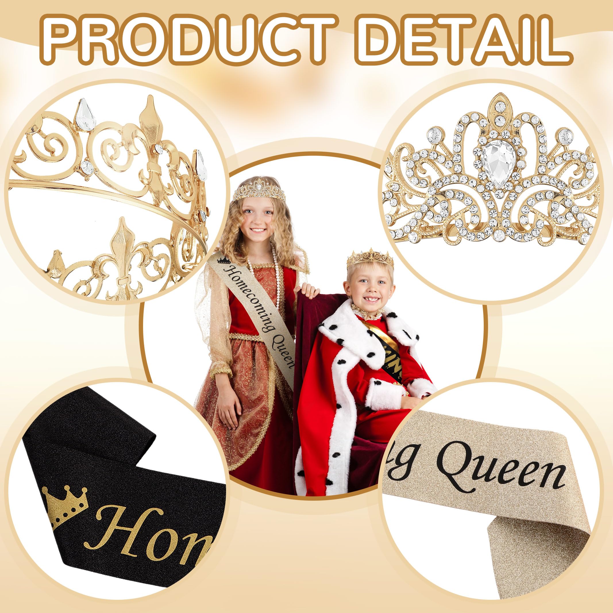 Saintrygo 4 Pcs Homecoming King and Homecoming Queen Crown Set with Sashes Prom Party Supplies for School(Elegant Style,Gold)