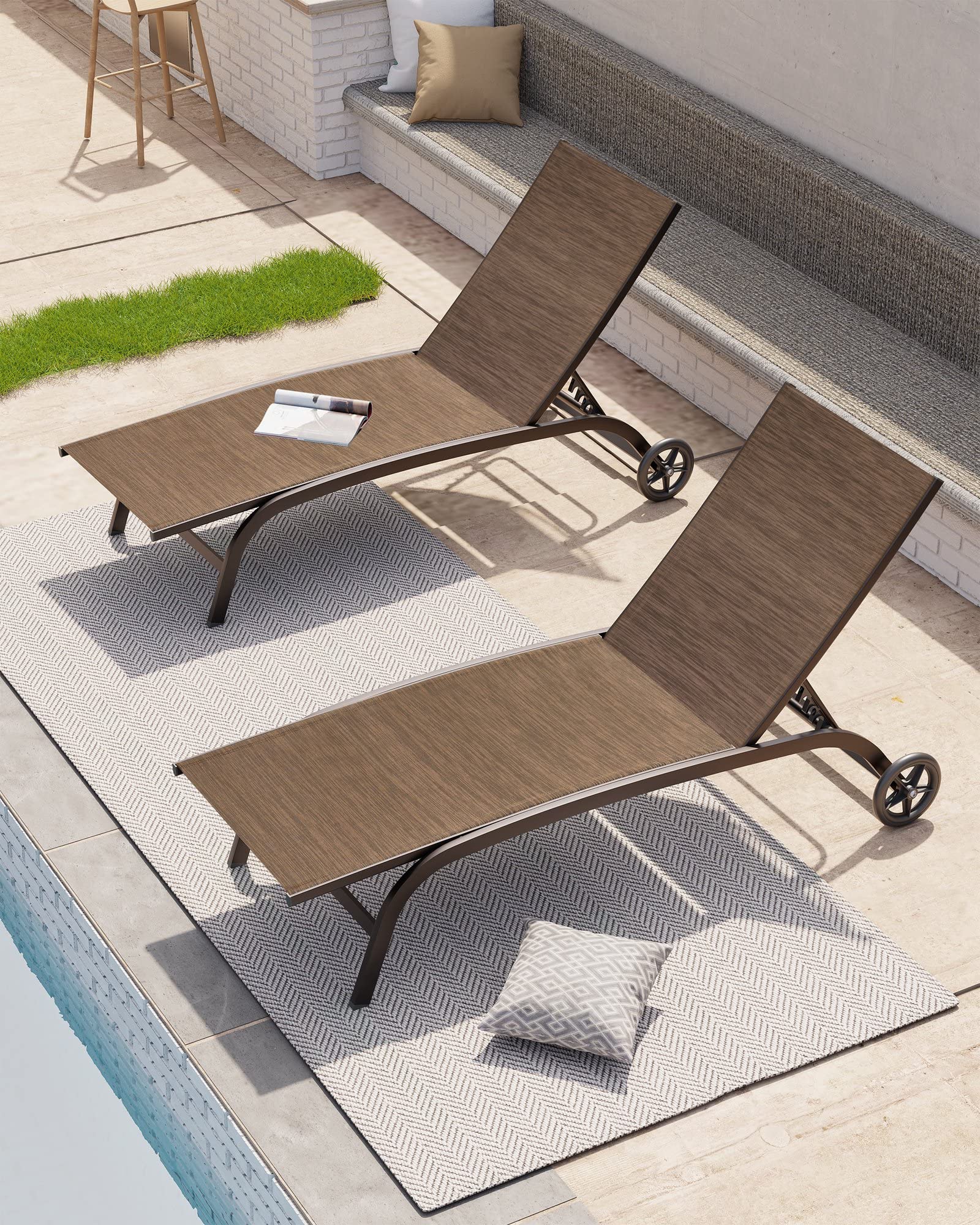 Crestlive Products Outdoor Chaise Lounge Chairs with Wheels Set of 3, Pool Lounge Chairs with 5 Adjustable Position for Patio, Poolside, Yard, Brown