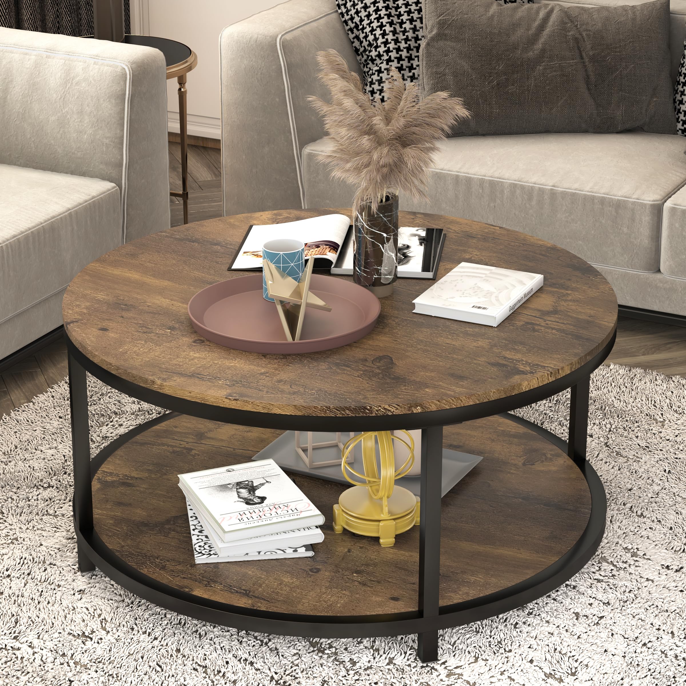 NSdirect 36 inches Round Coffee Table, Rustic Wooden Surface Top & Sturdy Metal Legs Industrial Sofa Table for Living Room Modern Design Home Furniture with Storage Open Shelf (Brown)