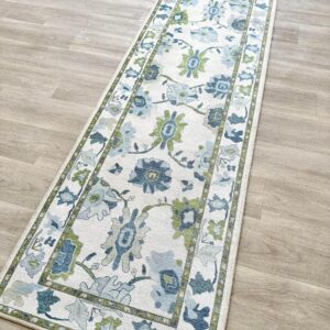 Green Oushak Rug, Modern, Vintage, Turkish, Eclectic, Floral, Pastel, Washable, Large Area Rugs for Living Room, Dining, Bedroom, Girls, Boys, 7'5"x9'8"