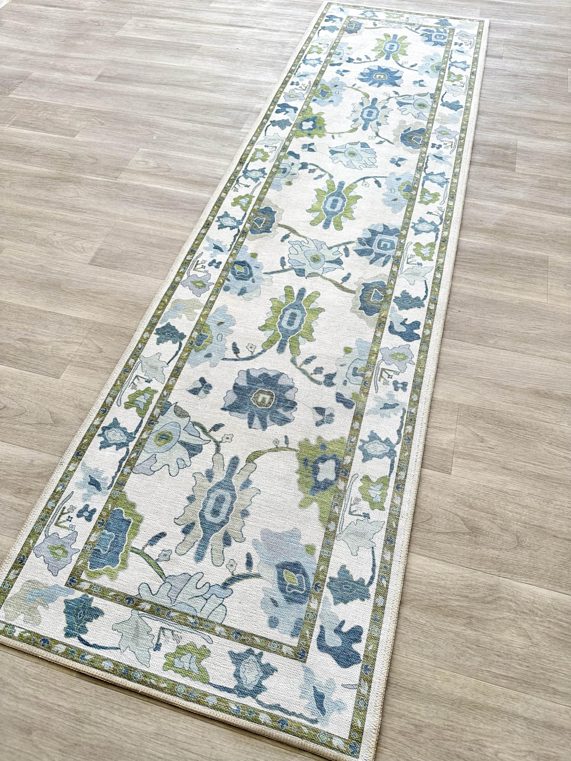 Green Oushak Rug, Modern, Vintage, Turkish, Eclectic, Floral, Pastel, Washable, Large Area Rugs for Living Room, Dining, Bedroom, Girls, Boys, 7'5"x9'8"