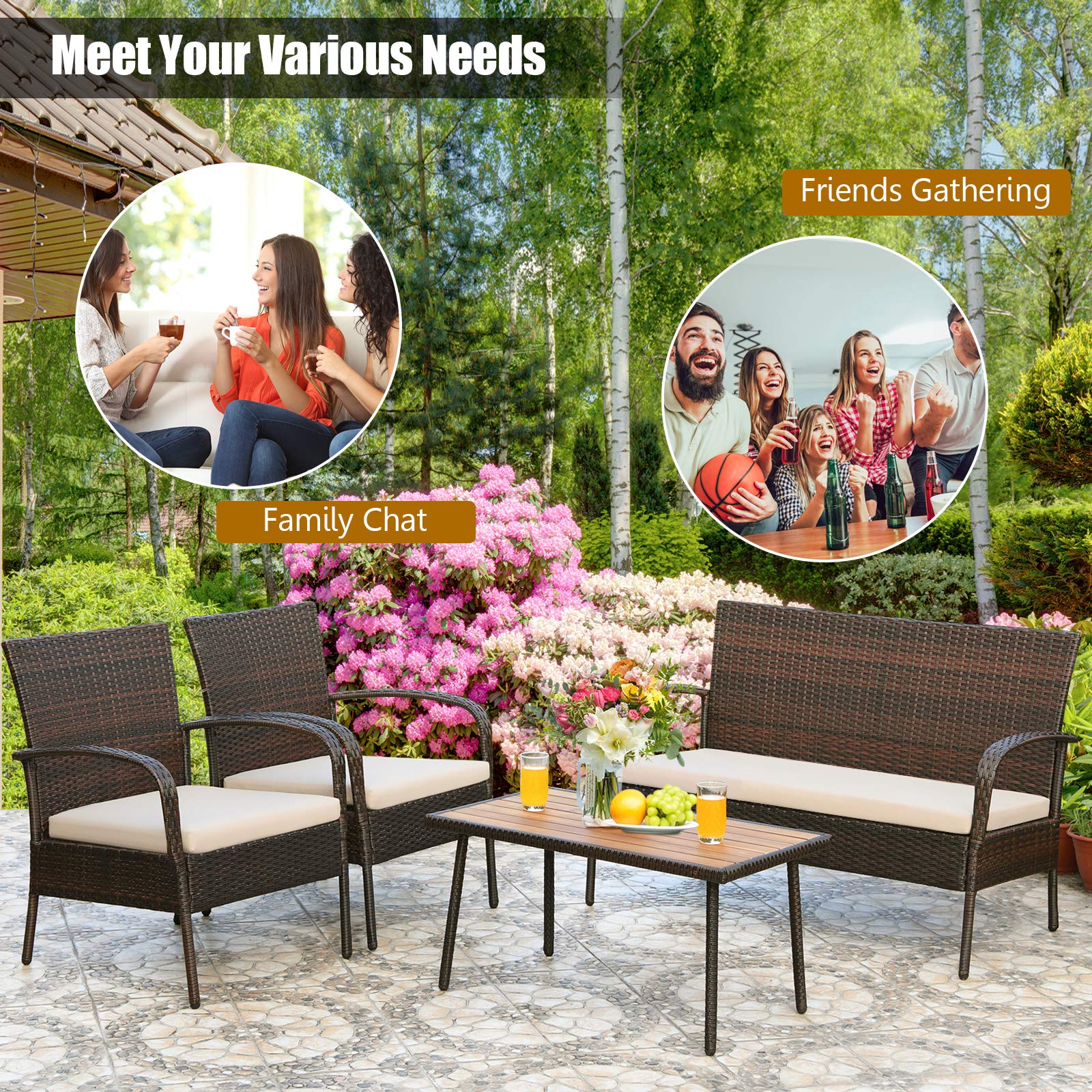 COSTWAY 4PCS Patio Rattan Furniture Set Outdoor Conversation Set Coffee Table w/Cushions