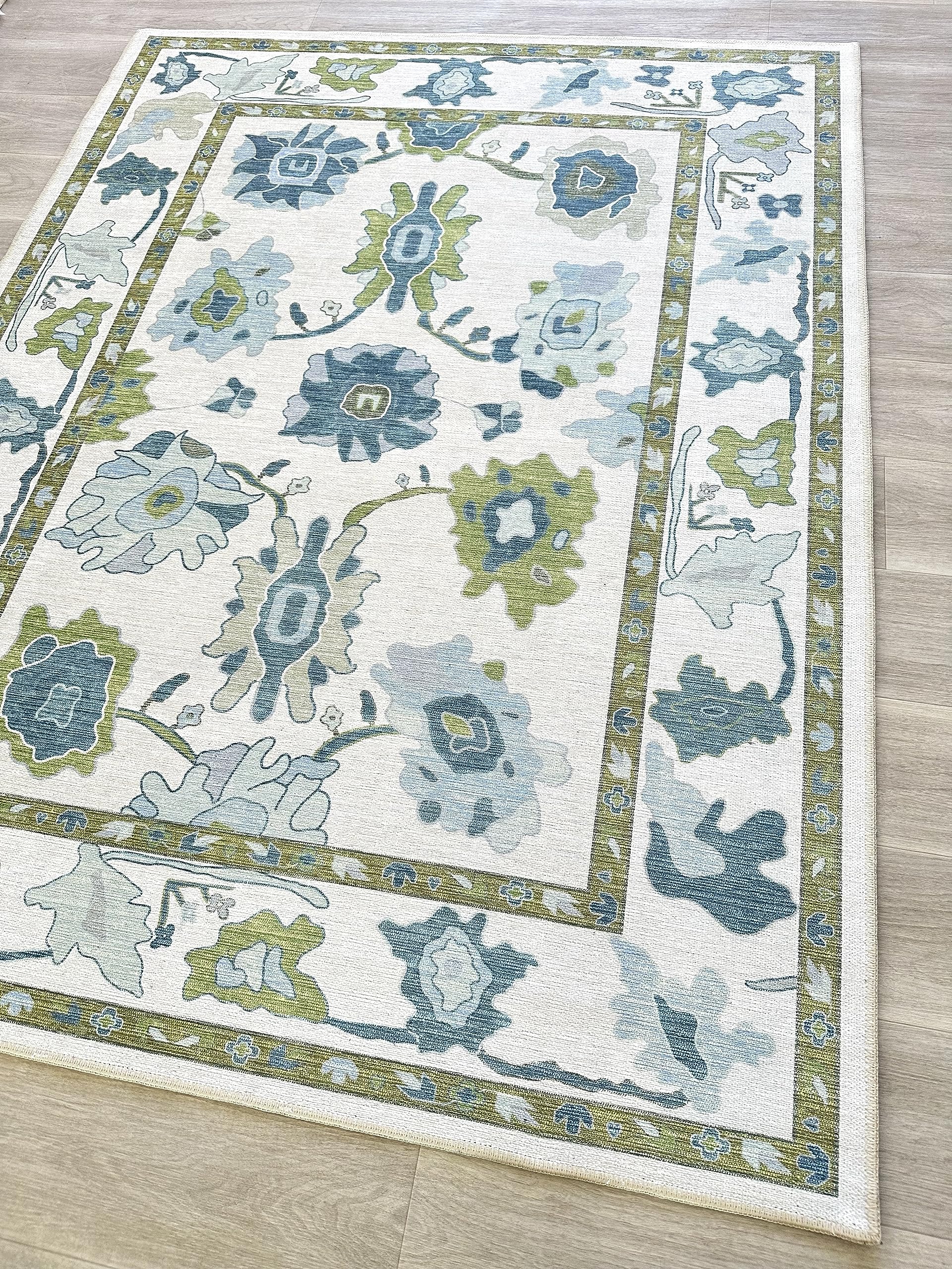 Green Oushak Rug, Modern, Vintage, Turkish, Eclectic, Floral, Pastel, Washable, Large Area Rugs for Living Room, Dining, Bedroom, Girls, Boys, 7'5"x9'8"