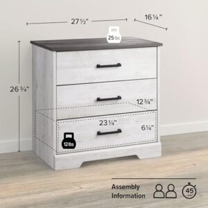 Prepac Rustic Ridge Farmhouse 3-Drawer Nightstand, Chest of Drawers for Bedroom, Wooden Bedroom Dresser with 3 Storage Drawers, 16.25in x 27.5in x 26.75in, Washed White