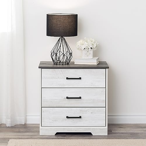 Prepac Rustic Ridge Farmhouse 3-Drawer Nightstand, Chest of Drawers for Bedroom, Wooden Bedroom Dresser with 3 Storage Drawers, 16.25in x 27.5in x 26.75in, Washed White