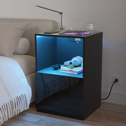 HOMMPA Open Shelf LED Nightstand with Charging Station Modern Black Bedside Table with Led Light 2 Drawers End Side Table High Gloss Night Stand Smart Nightstands Night Table for Bedroom 26.77in Tall