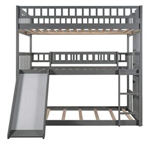 BOVZA Triple Bunk Bed with Slide, Full Over Full Over Full Wood Floor Bunk Bed with Built-in Ladder and Guardrails, 3 Bunk Beds for Kids Teens Adults, Gray