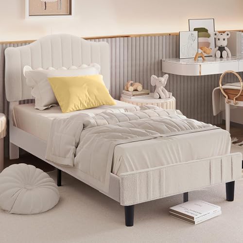 VECELO Twin Bed Frame Upholstered Platform Bed Frame with Height Adjustable Teddy Fabric Headboard, Strong Wood Slats Supports 7.9'' Under Bed Space Noise Free No Box Spring Needed, Beige