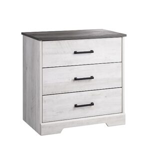 prepac rustic ridge farmhouse 3-drawer nightstand, chest of drawers for bedroom, wooden bedroom dresser with 3 storage drawers, 16.25in x 27.5in x 26.75in, washed white