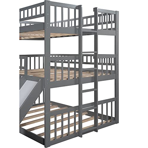 BOVZA Triple Bunk Bed with Slide, Full Over Full Over Full Wood Floor Bunk Bed with Built-in Ladder and Guardrails, 3 Bunk Beds for Kids Teens Adults, Gray