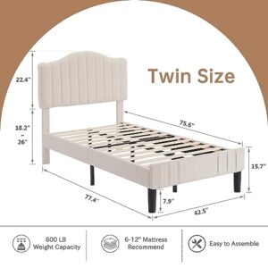 VECELO Twin Bed Frame Upholstered Platform Bed Frame with Height Adjustable Teddy Fabric Headboard, Strong Wood Slats Supports 7.9'' Under Bed Space Noise Free No Box Spring Needed, Beige