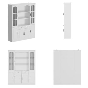 Homsee Tall Bookcase Bookshelf with Shelves, Drawers & 2 Carved Glass Doors, Wooden Display Storage Cabinet with 14 Compartments for Home Office, Living Room, White (63" W x 15.7”D x 78.7”H)