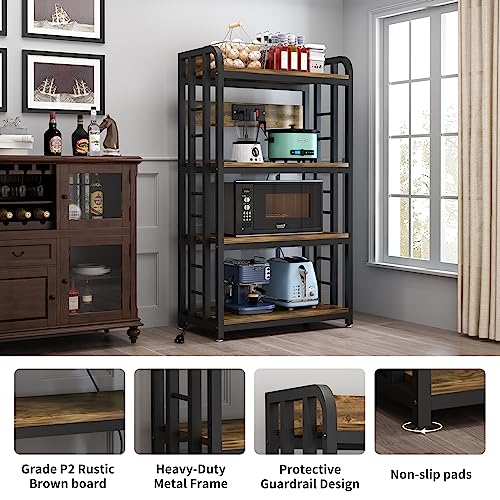 SIREDEEP Bakers Rack with Power Outlet ，4-Tier Kitchen Baker's Rack, Kitchen Microwave Stand with Storage Suitable for Kitchen, Living Room, Dinning Room，Coffee Bar(Rustic Brown)