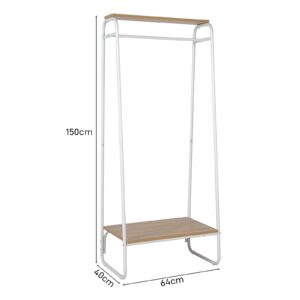 Karl home Clothes Rack Clothing Rack, Freestanding Garment Rack Coat Drying Stand with Wood Shelf Hanging Rod for Bedroom Bathroom Laundry Livingroom Office, White Metal Frame Oak Board 2-Tier