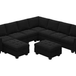 Belffin Oversized Velvet Modular 8-Seat Sectional Sofa Set with Storage Ottoman U Shaped Couch Set Modular Sectional Convertible Sofa Couch with Reversible Chaise Corner Sofa Couch Set Black