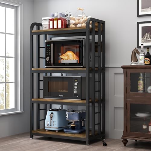 SIREDEEP Bakers Rack with Power Outlet ，4-Tier Kitchen Baker's Rack, Kitchen Microwave Stand with Storage Suitable for Kitchen, Living Room, Dinning Room，Coffee Bar(Rustic Brown)