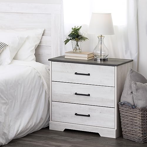 Prepac Rustic Ridge Farmhouse 3-Drawer Nightstand, Chest of Drawers for Bedroom, Wooden Bedroom Dresser with 3 Storage Drawers, 16.25in x 27.5in x 26.75in, Washed White