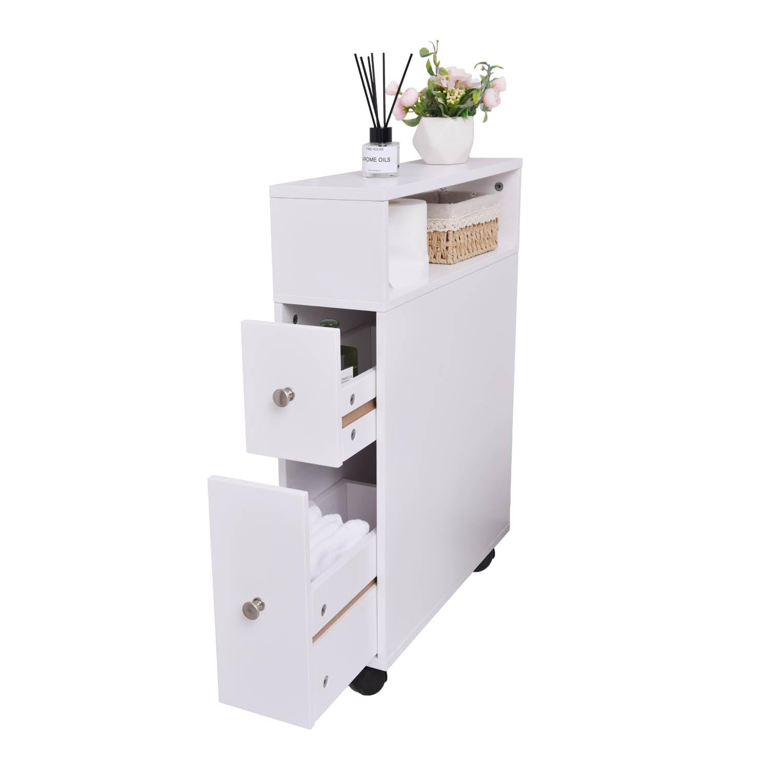 Ceredeme Small Bathroom Storage Cabinet, Toilet Paper Holder with Slide Out Drawers for Small Space, Narrow Floor Bathroom Organizer Next to Toilet