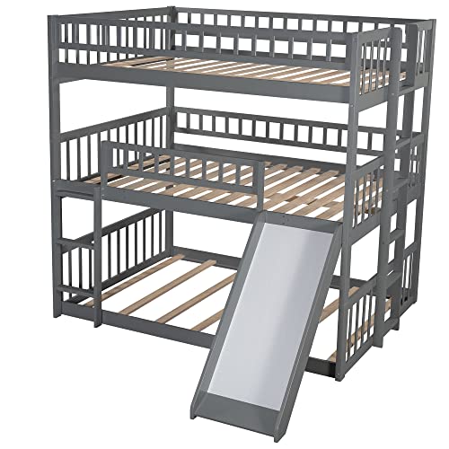 BOVZA Triple Bunk Bed with Slide, Full Over Full Over Full Wood Floor Bunk Bed with Built-in Ladder and Guardrails, 3 Bunk Beds for Kids Teens Adults, Gray