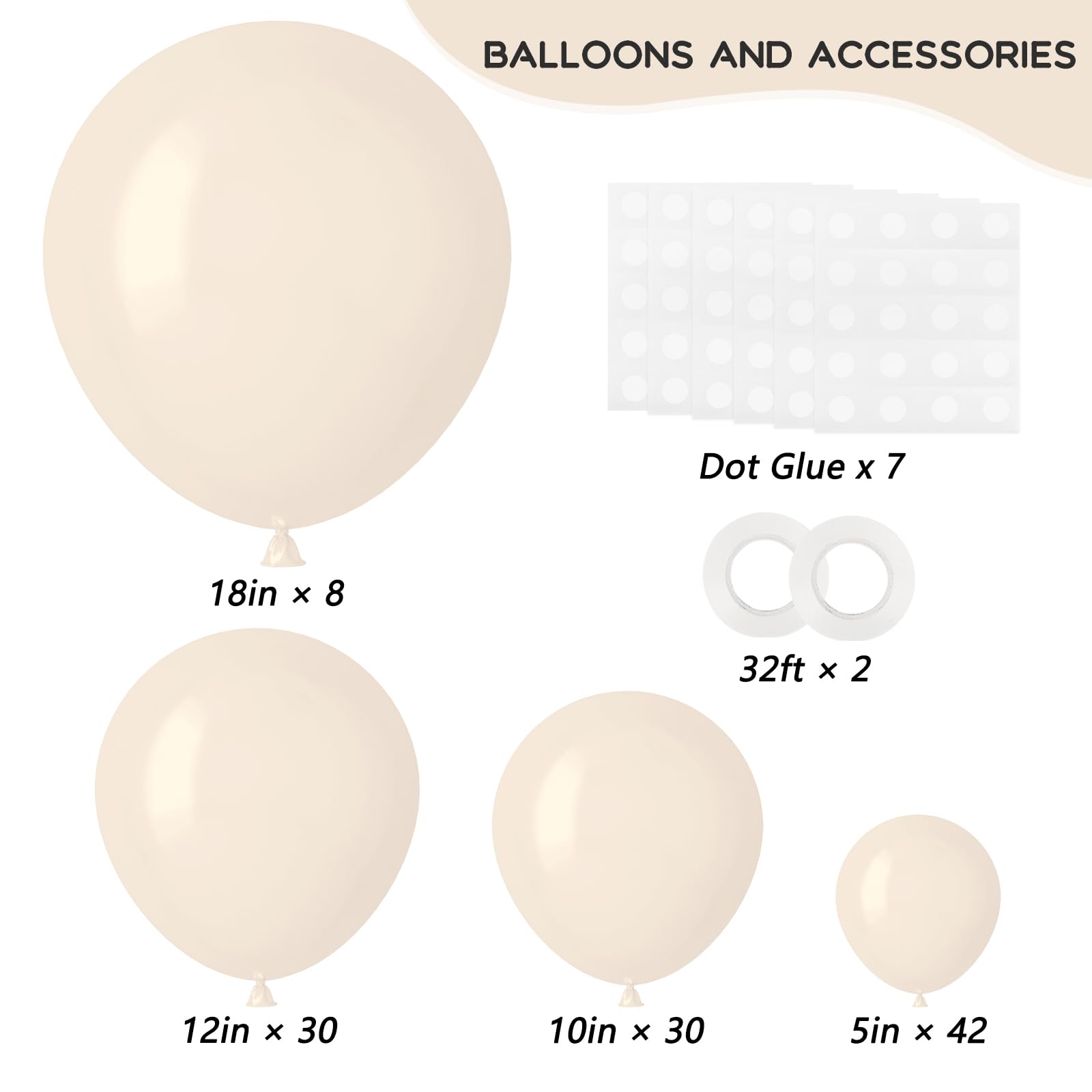 RUBFAC 110pcs Sand White Balloons Different Sizes 18 12 10 5 Inches for Garland Arch, Cream White Beige Latex Balloons for Birthday Party Graduation Wedding Anniversary Baby Shower Party Decoration