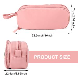 iSuperb 2 Compartments Pencil Case Zippered Pencil Pouch With Handle Big Large Capaciy Aesthetic Organizer Canvas & Nylon Pen Bag Handbag for Travel Office Stationary (Pink)