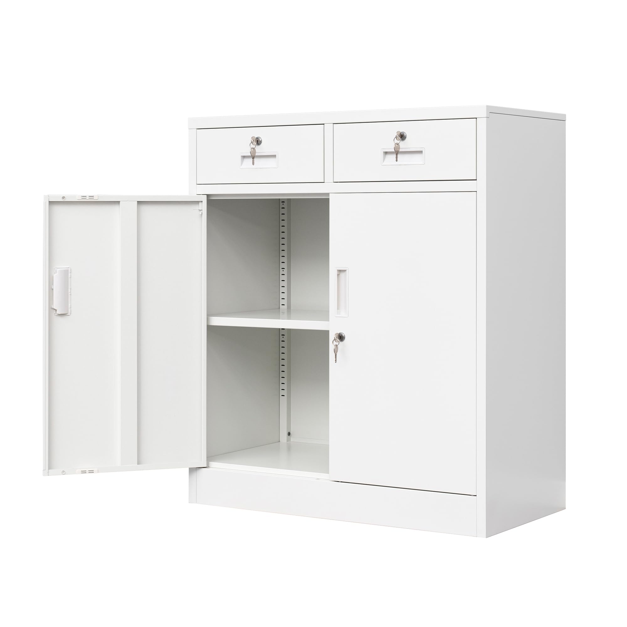 CMY Metal Storage Cabinet with Locking Doors and Adjustable Shelf, 36" H Steel Cabinet with Two Drawers, Locking Storage Cabinet for Office, Garage, Home-White