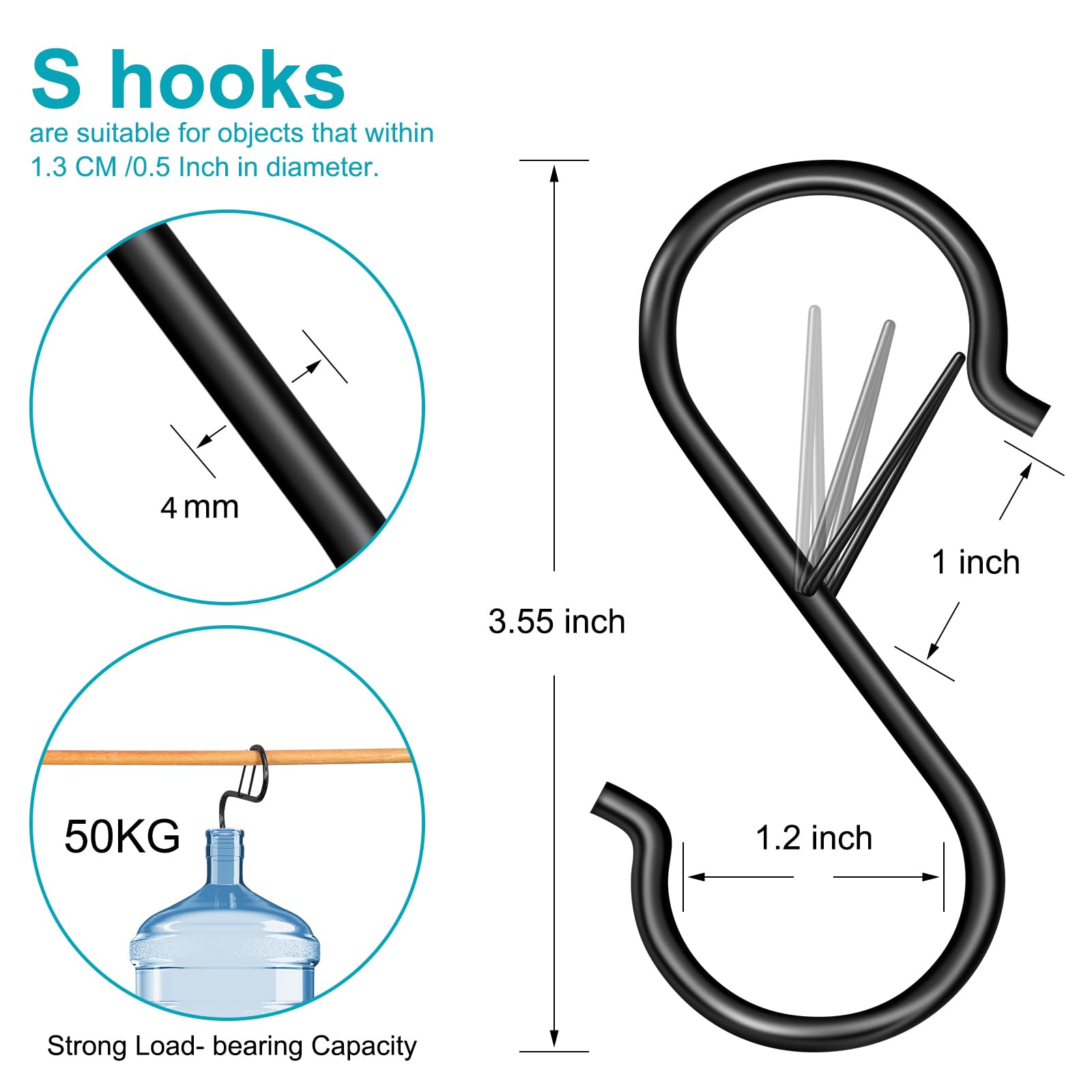 S Hooks for Hanging, Heavy Duty S Hooks with Safety Buckle, 8pcs Small Metal S Shaped Hook for Hanging Plants,Pots, Closet, Kitchen Utensil, Clothes, Jeans, Baskets, Christmas Hanging Lights Black