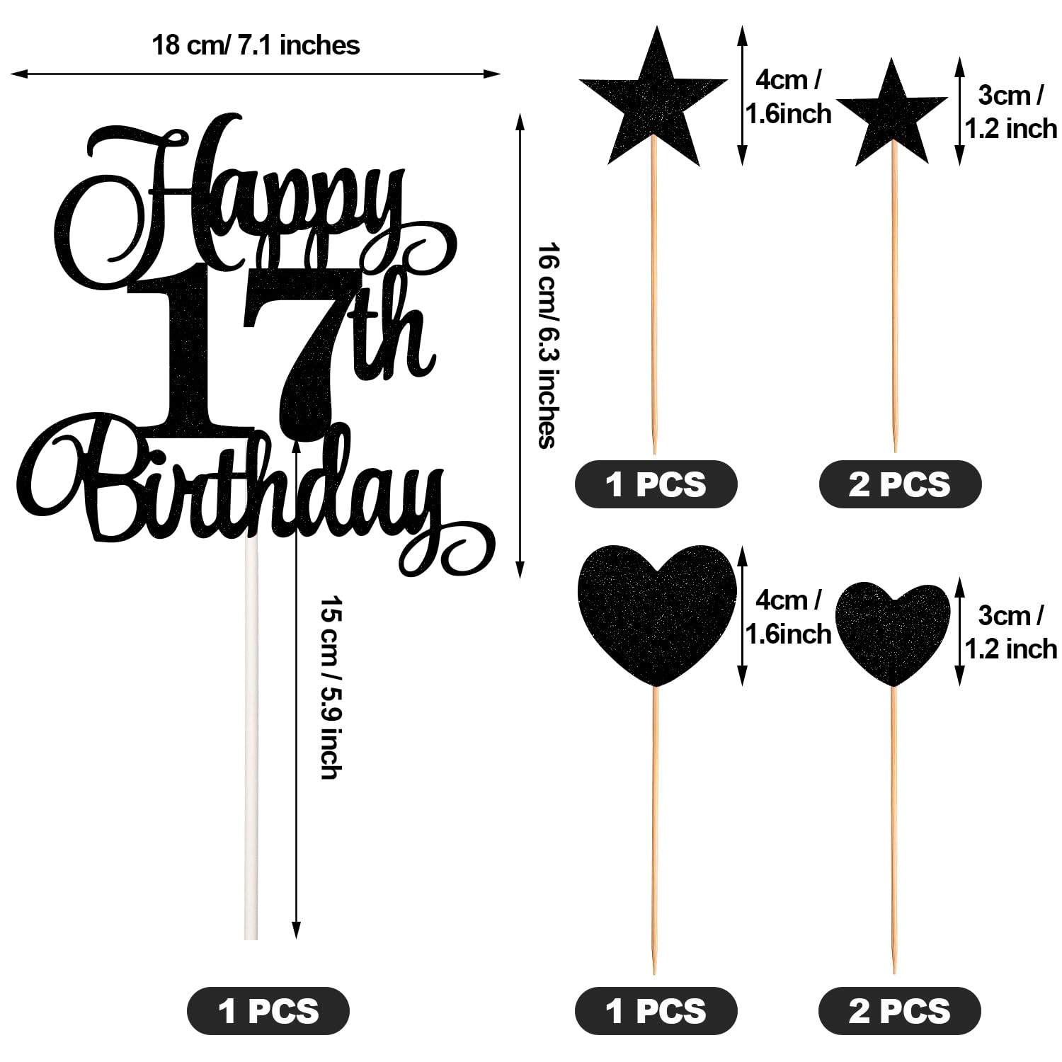 17th Birthday Cake Decorations Set Include 17th Birthday Candles Numeral 17 Cake Candles and Happy 17th Birthday Cake Toppers with Heart Star Cupcake Picks for Birthday Party (Black Series)