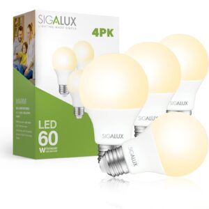 sigalux led light bulbs 60 watt equivalent a19 standard light bulbs 2700k warm, non-dimmable energy efficient 9.5w led soft white bulb with e26 medium base, 800 lumens, ul listed, 4 packs