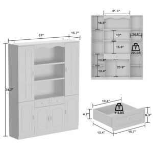 Homsee Tall Bookcase Bookshelf with Shelves, Drawers & 2 Carved Glass Doors, Wooden Display Storage Cabinet with 14 Compartments for Home Office, Living Room, White (63" W x 15.7”D x 78.7”H)