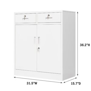 CMY Metal Storage Cabinet with Locking Doors and Adjustable Shelf, 36" H Steel Cabinet with Two Drawers, Locking Storage Cabinet for Office, Garage, Home-White