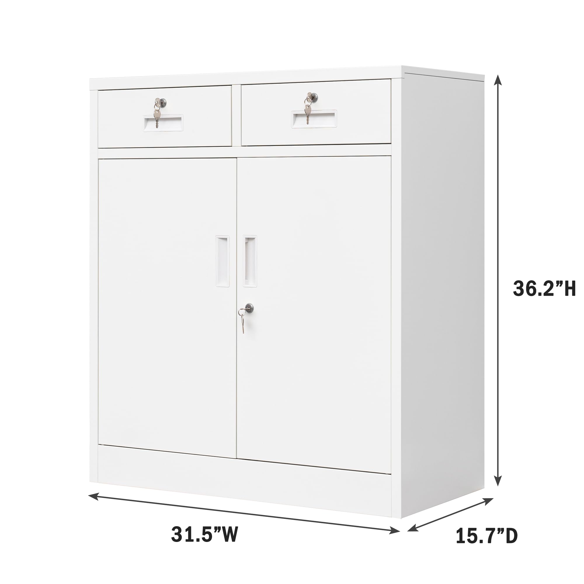 CMY Metal Storage Cabinet with Locking Doors and Adjustable Shelf, 36" H Steel Cabinet with Two Drawers, Locking Storage Cabinet for Office, Garage, Home-White