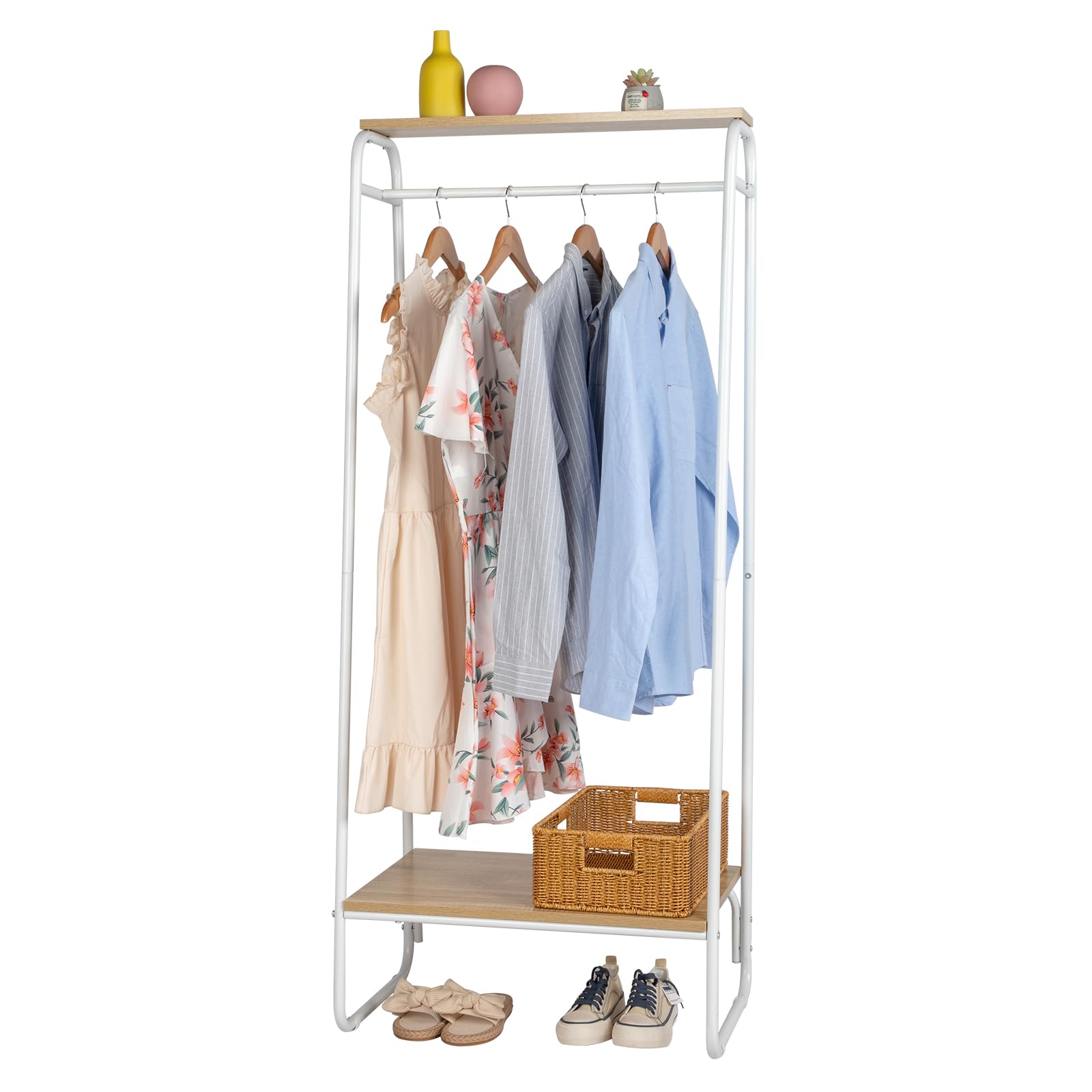 Karl home Clothes Rack Clothing Rack, Freestanding Garment Rack Coat Drying Stand with Wood Shelf Hanging Rod for Bedroom Bathroom Laundry Livingroom Office, White Metal Frame Oak Board 2-Tier