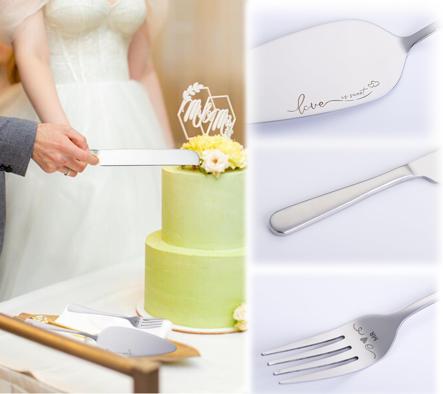 iooiluxry Cake Cutting Set for Wedding, Wedding Cake Knife and Server set Silver Cake Cutter Set and Pie Server Spatula for Wedding Anniversary Birthday Christmas Gifts (Silver)