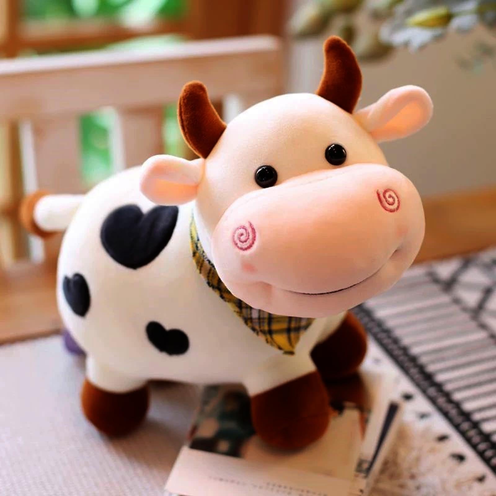 HPOSAN Lovely Creative Milk Cow Plush Pillow Toys Soft Stuffed Cartoon Animal Cattle Doll Bedroom Sleeping Pillow Cushion Gifts for Friends Kids