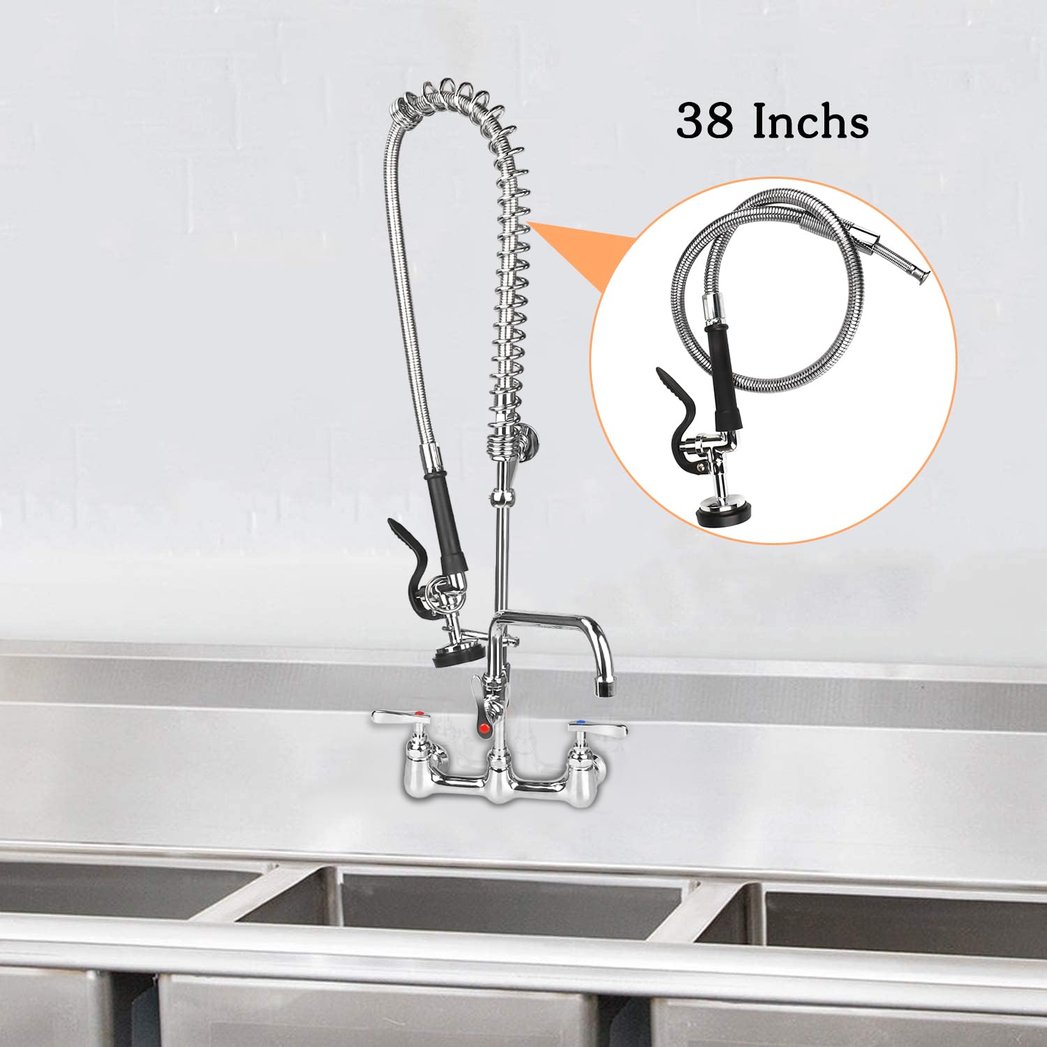 COOLWEST Commercial Pre-rinse Sprayer with Hose 38 Inch Flexible Stainless Hose with Spray Valve Head Replacement Kit for Wall Mount Commercial Kitchen Sink Faucet