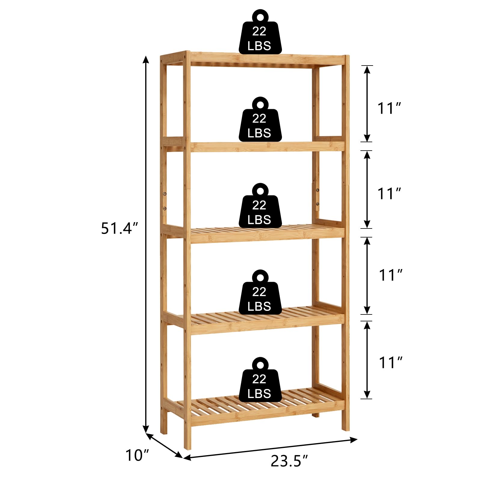 Kinfant 5-Tier Bamboo Bathroom Shelf - Bamboo Bookcase Storage Shelving, Tall Book Rack Shelving Unit, Multifunctional Adjustable Display Rack for Home Office Bathroom Kitchen Living Room