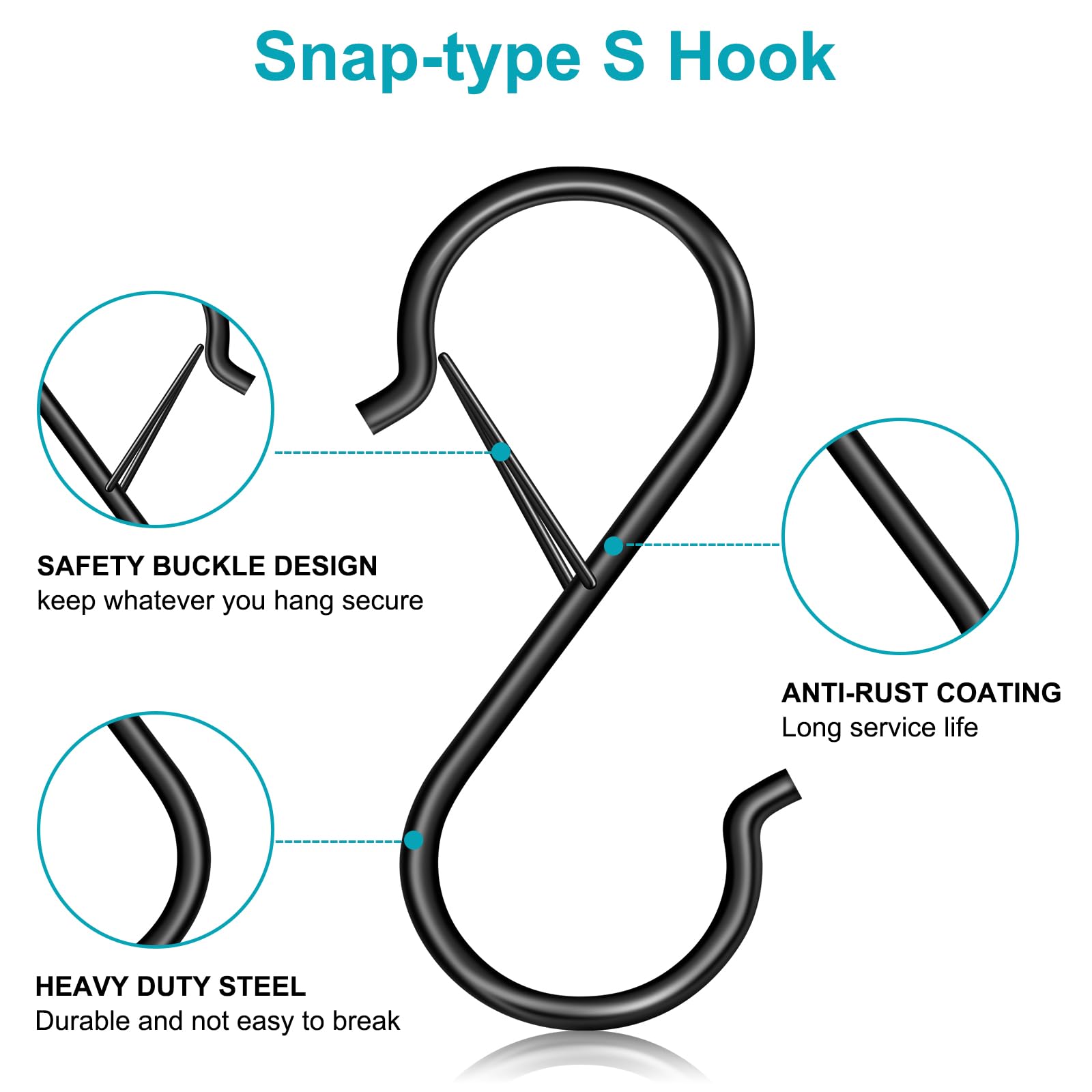 S Hooks for Hanging, Heavy Duty S Hooks with Safety Buckle, 8pcs Small Metal S Shaped Hook for Hanging Plants,Pots, Closet, Kitchen Utensil, Clothes, Jeans, Baskets, Christmas Hanging Lights Black