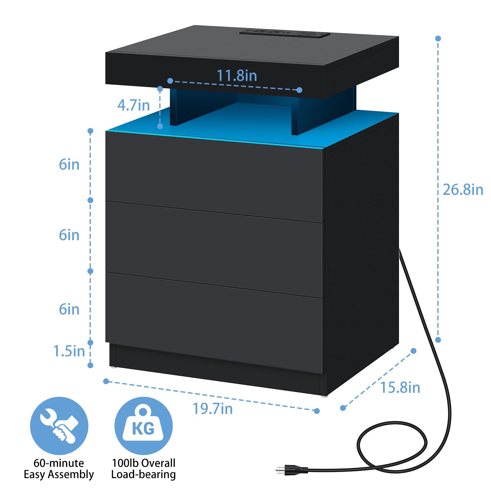 HOMMPA LED Nightstand with Wireless Charging Station & USB Ports, 3 Drawer Night Stand with LED Light RGB Adjustable Brightness, Smart Nightstand High Gloss Bedside Table for Bedroom Black