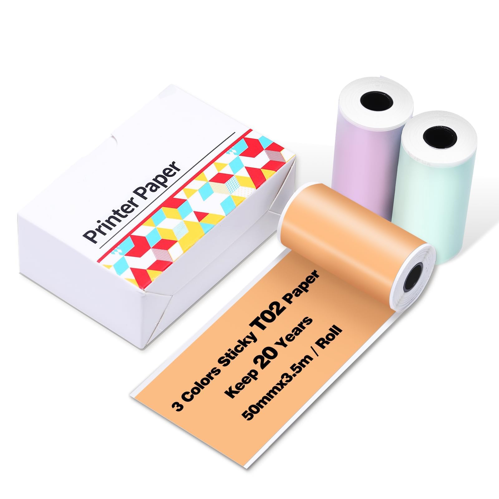 Ponek T02 White Self-Adhesive Paper, Black On White Paper, 50mm x 3.5m, 3 Rolls, Keep for 10 Years and T02/M02X/M02L Purple/Green/Orange Thermal Paper-20-Year Sticky 50mmx3.5m for Journal, 3 Rolls